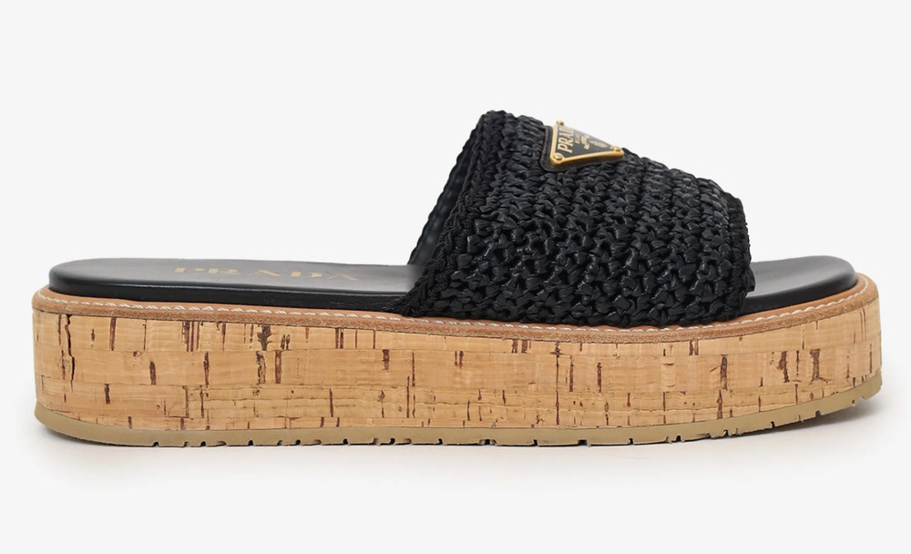 Prada Black Crochet Raffia Natural Cork Platform Slide Logo Mule Wedge Sandal 41